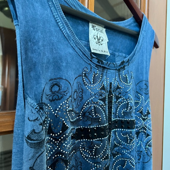 Vocal Rhinestones/Crystal Embellished Blue Cross Tank Top Sz Medium - Picture 2 of 12